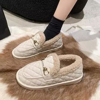 Осенне-зимние женские мокасины с плюшем и толстой металлической пряжкой 35 хаки