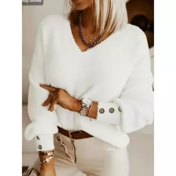 Осенне-зимние женские однотонные топы свободного кроя с V-образным вырезом и длинными рукавами S белый