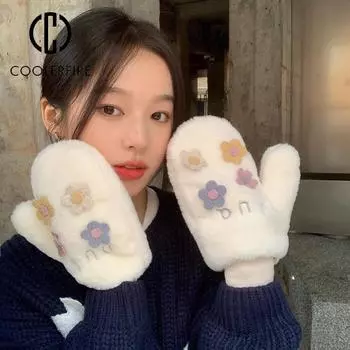 Осенне-зимние женские перчатки, модные милые плюшевые перчатки с героями мультфильмов, утепленные перчатки на все пальцы, морозостойкие, теплые, велосипедные, одноцветные, ST2201 One Size белый