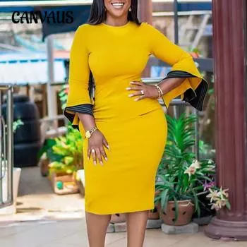 Осенне-зимние женские платья больших размеров, модное, темпераментное, элегантное, модное, на бедрах, платье-карандаш S жёлтый