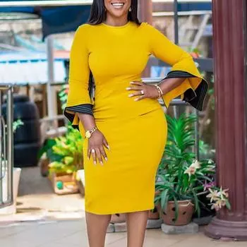 Осенне-зимние женские платья больших размеров, модное, темпераментное, элегантное, модное, на бедрах, платье-карандаш S жёлтый