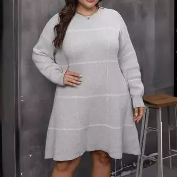 Осенне-зимние женские платья большого размера в полоску с цветовым столкновением и круглым вырезом S серый