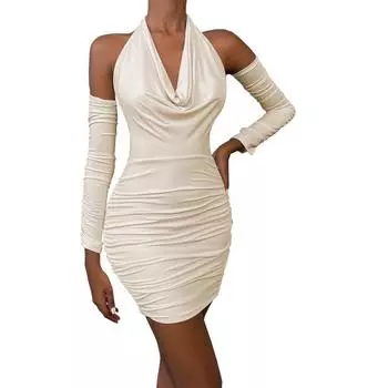 Осенне-зимние женские платья с длинными рукавами и открытой спиной, платья с открытым вырезом, сексуальное платье с висячим вырезом и завязками, хип-платье S белый