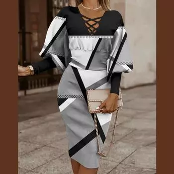 Осенне-зимние женские платья с длинными рукавами, приталенными бедрами и V-образным вырезом S