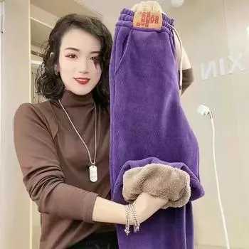 Осенне-зимние женские плюшевые брюки, свободные универсальные теплые брюки, женские брюки-харлан, повседневные брюки с завязками на щиколотках XXXL чёрный