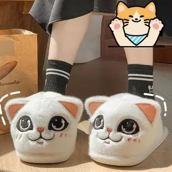 Осенне-зимние женские плюшевые тапочки с милым мультяшным котом, пушистые тапочки, мягкие плоские теплые домашние хлопковые туфли, удобные домашние ботинки 36-37 чёрный
