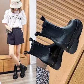 Осенне-зимние женские повседневные ботинки для курения с флисовой подкладкой из натуральной кожи на платформе с увеличивающей рост стелькой 34