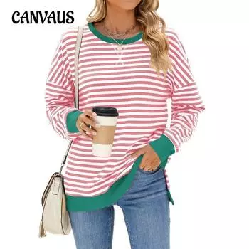 Осенне-зимние женские пуловеры ярких цветов, свободный полосатый свитшот с круглым вырезом и длинными рукавами S белый/розовый