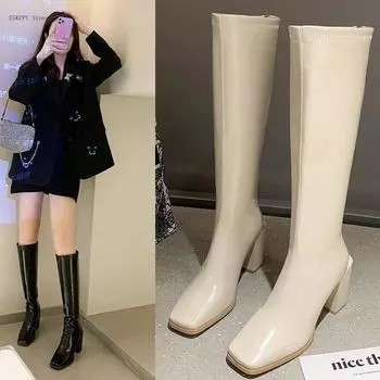 Осенне-зимние женские рыцарские сапоги - модные универсальные удобные длинные женские сапоги из лакированной кожи с квадратным носком 36