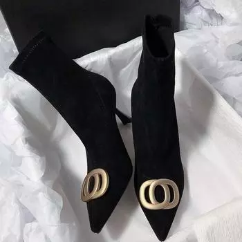 Осенне-зимние женские сапоги больших размеров с острым тонким каблуком в стиле ретро с эластичной короткой трубой 35 чёрный