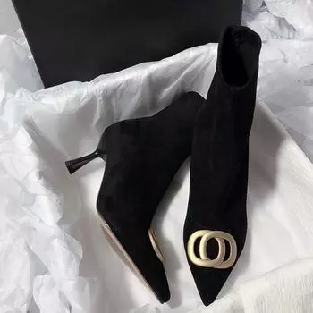 Осенне-зимние женские сапоги больших размеров с острым тонким каблуком в стиле ретро с эластичной короткой трубой 35 чёрный