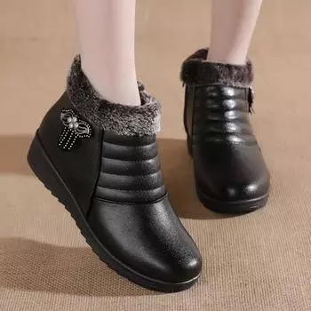 Осенне-зимние женские сапоги для улицы из искусственной кожи, водонепроницаемые, плоские, ботильоны, большие размеры, плюшевые, теплые, зимние сапоги, обувь из хлопка для мам 35 чёрный