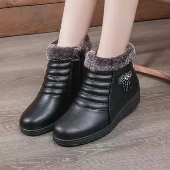 Осенне-зимние женские сапоги для улицы из искусственной кожи, водонепроницаемые, плоские, ботильоны, большие размеры, плюшевые, теплые, зимние сапоги, обувь из хлопка для мам 41