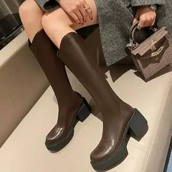 Осенне-зимние женские сапоги до колена, модные женские элегантные сапоги на круглом высоком каблуке с длинными сапогами Knigth, женская обувь 35 темно-коричневого