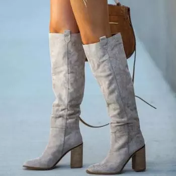 Осенне-зимние женские сапоги до колена в европейском и американском стиле на высоком толстом каблуке большого размера 34 чёрный