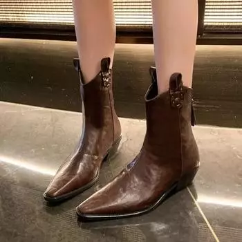 Осенне-зимние женские сапоги из натуральной кожи, женская обувь в стиле вестерн, острый нос, толстый каблук, ботинки челси, ботильоны в стиле ретро 35