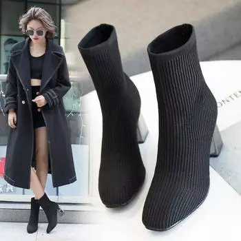 Осенне-зимние женские сапоги на молнии, высокие каблуки, модные сексуальные ботильоны с острым носком, высокие каблуки, Botas Mujer, заклепки, прямая поставка 6 35 чёрный