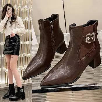 Осенне-зимние женские сапоги с квадратным носком и высоким каблуком, ботинки челси, женская обувь в стиле ретро, ботильоны с пряжкой на ремне 35 коричневый