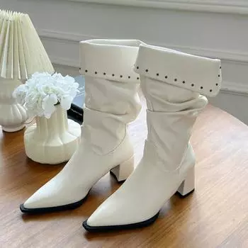 Осенне-зимние женские сапоги с острым носком на высоком каблуке в стиле ретро, женские высококачественные кожаные ботинки «Челси», сапоги на платформе до середины голени, женские ботинки 34 белый