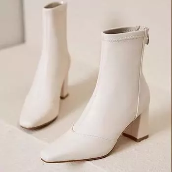 Осенне-зимние женские сапоги с острым носком на квадратном каблуке 2024 года, высококачественные модные женские ботильоны с молнией сзади, Botines Mujer 34 бежевый