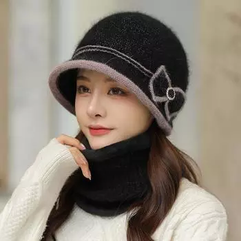 Осенне-зимние женские шапки из меха кролика, наборы с шарфом, однотонные шапки-тазики, вязаные шерстяные шапки, теплые повседневные шапки для рыбаков с шарфом, модные