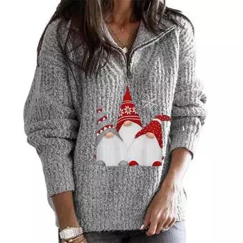Осенне-зимние женские свитера с принтом Санта-Клауса и воротником-молнией, вязаный пуловер с длинными рукавами S
