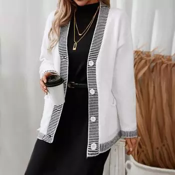 Осенне-зимние женские свитера в полоску с контрастным V-образным вырезом, однобортный кардиган, свитер для женщин S покинуть белый