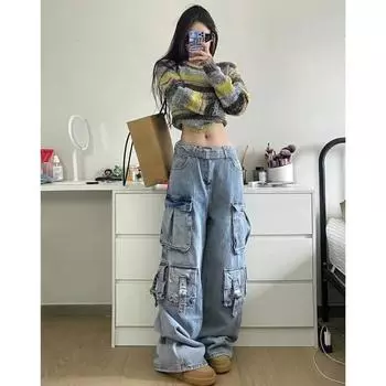 Осенне-зимние женские свободные джинсы-карго в уличном стиле, мешковатые брюки-карго, женские синие брюки с высокой талией и множеством карманов, широкие брюки длиной до пола XL синий