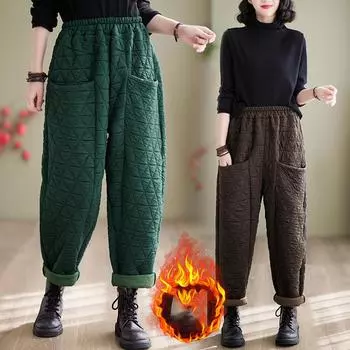 Осенне-зимние женские теплые брюки с высокой талией, толстые утепленные брюки, повседневные свободные шаровары XXXXL чёрный