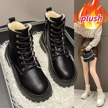 Осенне-зимние женские теплые плюшевые сапоги с круглым носком на толстом каблуке, нескользящие утолщенные женские теплые плюшевые ботинки 35 чёрный
