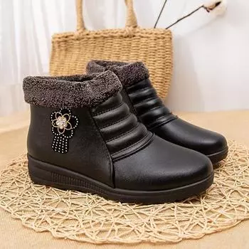 Осенне-зимние женские термосапоги плюс бархатная утолщенная нескользящая повседневная обувь на плоской подошве 35 чёрный