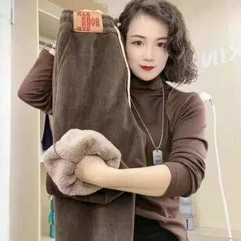 Осенне-зимние женские толстые вельветовые шаровары свободные универсальные очень толстые теплые брюки женские брюки-харлан повседневные брюки с завязками на щиколотке XXXXL чёрный