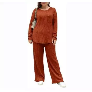 Осенне-зимние женские топы и брюки с длинными рукавами. Комплект женской домашней одежды большого размера из двух предметов. 1XL кирпич красный