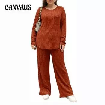 Осенне-зимние женские топы и брюки с длинными рукавами. Комплект женской домашней одежды большого размера из двух предметов. 1XL кирпич красный