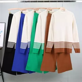 Осенне-зимние женские трикотажные брючные костюмы, свитер в полоску с полуворотом, трикотажные прямые брюки, комплект из двух предметов, контрастные трикотажные брюки, наряды S хаки