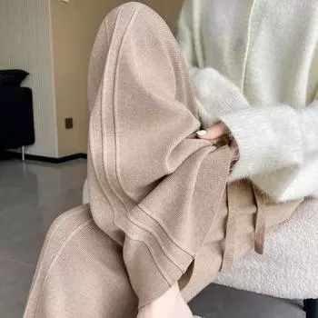 Осенне-зимние женские трикотажные брюки широкого кроя, удобные плотные теплые женские брюки, эластичные черные брюки с высокой талией XS чёрный