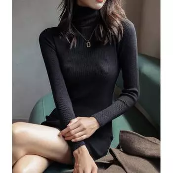 Осенне-зимние женские трикотажные платья с длинным рукавом и полувысоким воротом и бедрами One Size белый