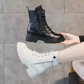 Осенне-зимние женские туфли из натуральной кожи на платформе, увеличивающие рост, стелька в британском стиле, повседневные туфли для студентов с боковой молнией, женские узкие ботинки 34