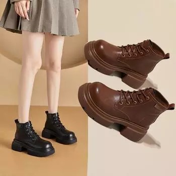 Осенне-зимние женские туфли из натуральной кожи на платформе со шнуровкой, небольшого размера, стелька, увеличивающая рост, повседневные женские ботильоны Tide 32