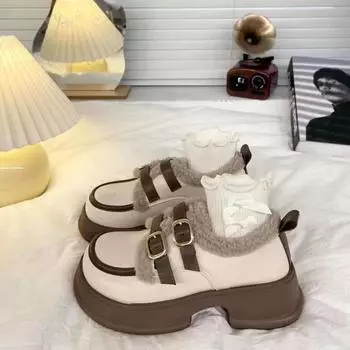 Осенне-зимние женские туфли Мэри Джейн с круглым носком, новые удобные и теплые мокасины, повседневные, универсальные, на толстой подошве, высокие каблуки для женщин 35