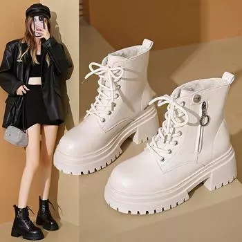 Осенне-зимние женские туфли с подкладкой на толстой подошве, увеличивающие рост, белые короткие туфли из хлопка в британском стиле 34