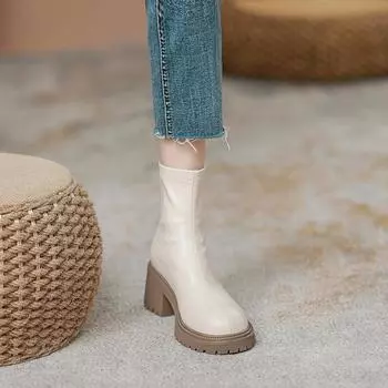 Осенне-зимние женские универсальные британские сапоги с толстой подошвой и толстым каблуком, эластичные, с круглым носком, короткие сапоги 35 чёрный