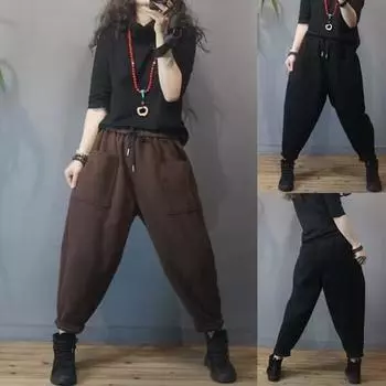 Осенне-зимние женские утолщенные повседневные свободные брюки с сотней удобных карманов, теплые брюки больших размеров 3XL