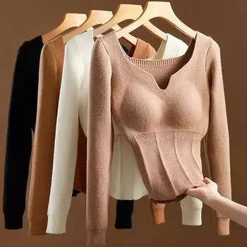 Осенне-зимние женские вязаные свитера бархатная майка термобелье с нагрудной подкладкой M чёрный