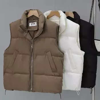 Осенне-зимние жилеты для женщин больших размеров, модные толстые теплые свободные куртки без рукавов с воротником-стойкой M коричневый