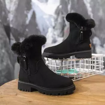Осенне-зимние зимние сапоги средней высоты из искусственной кожи для женщин, трансграничные сапоги большого размера с меховым бархатом и толстым каблуком 35-43 35 чёрный