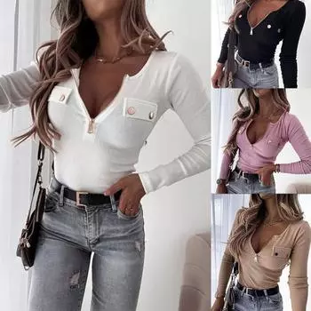 Осенне-зимний эластичный топ для женщин, уличная мода, трикотажная облегающая футболка с длинным рукавом на молнии S чёрный