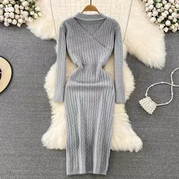 Осенне-зимний элегантный однотонный вязаный свитер с v-образным вырезом, платье-футляр с длинным рукавом, женский пуловер с поворотным узором, трикотаж One Size бежевый