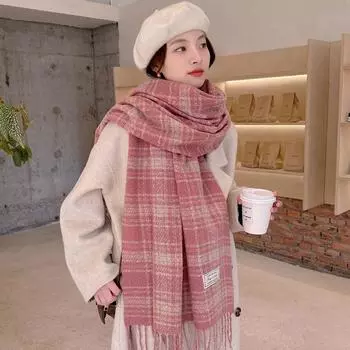Осенне-зимний элегантный полосатый клетчатый шарф шаль женский винтажный теплый универсальный длинный шейный платок модный стиль One Size розовый