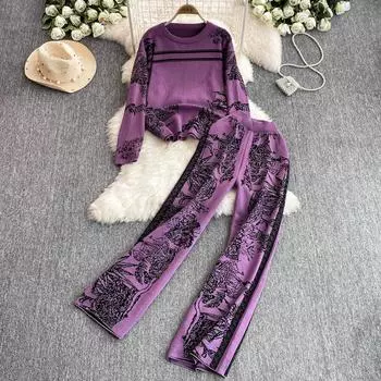 Осенне-зимний элегантный женский комплект одежды для отдыха из 2 предметов, трикотажные брюки, дизайнерский винтажный вязаный свитер с цветочным принтом One Size чёрный